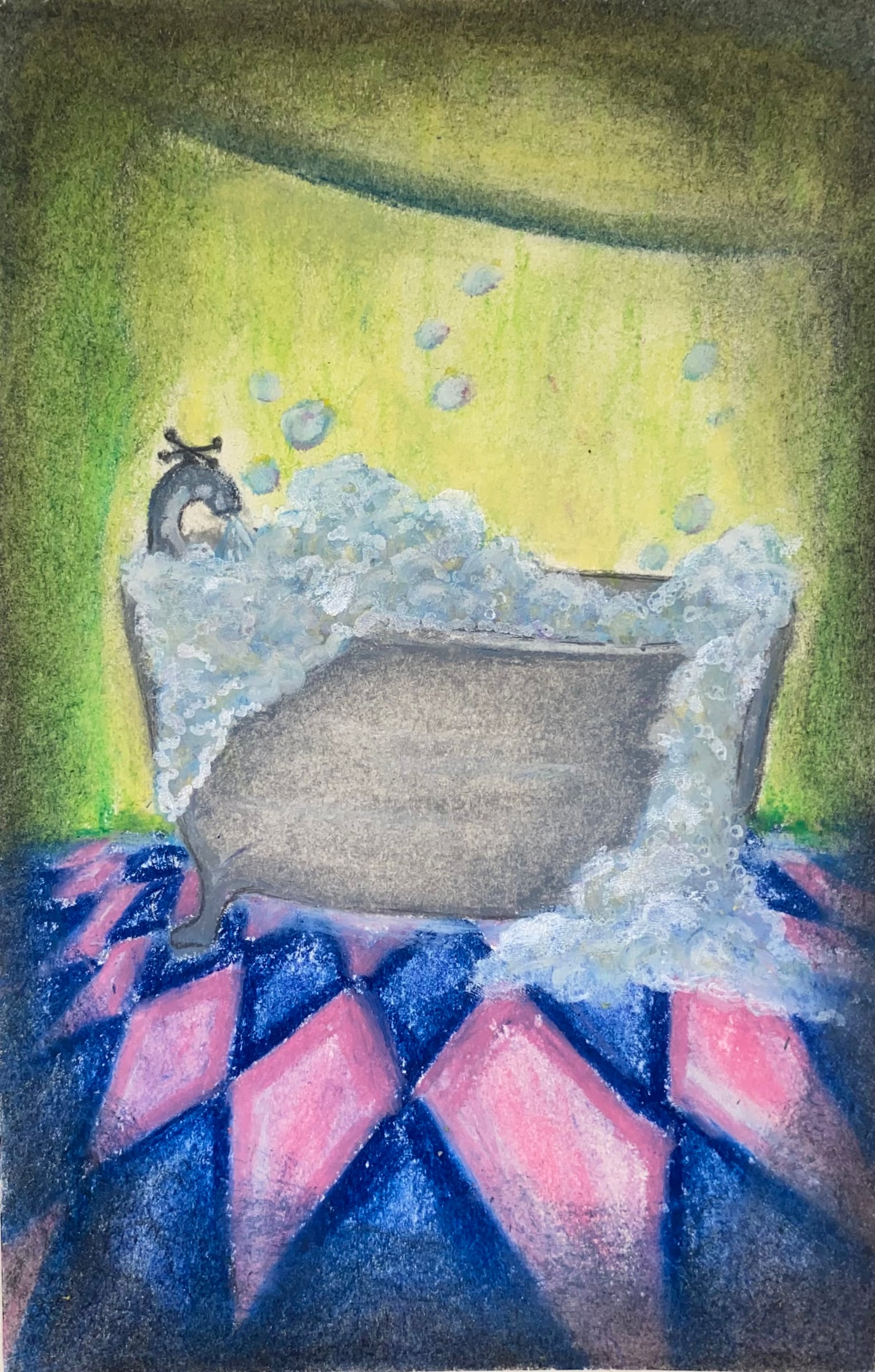 Colorful artwork of a clawfoot bathtub filled with bubbles above a geometric tiled floor