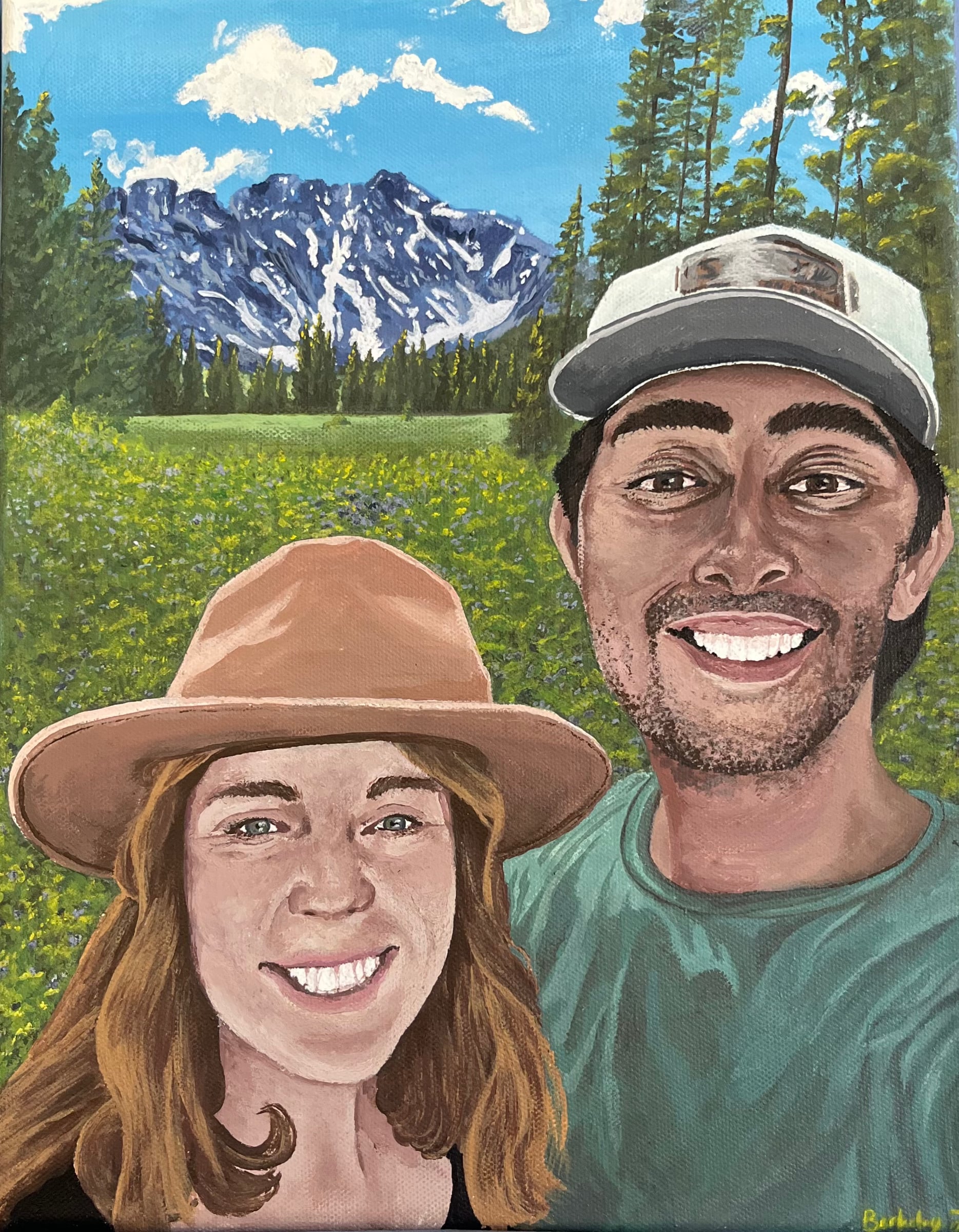 Painted portrait of two smiling people with mountains, trees, and wildflowers behind them