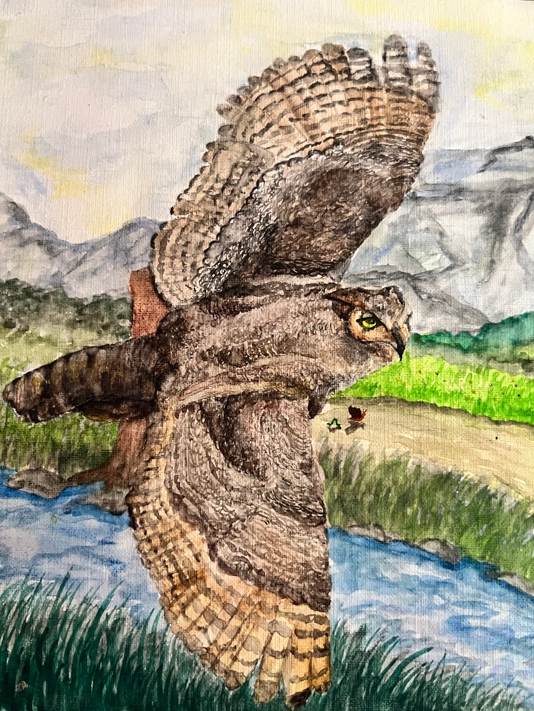 Painting of an owl flying above a river with mountains in the background