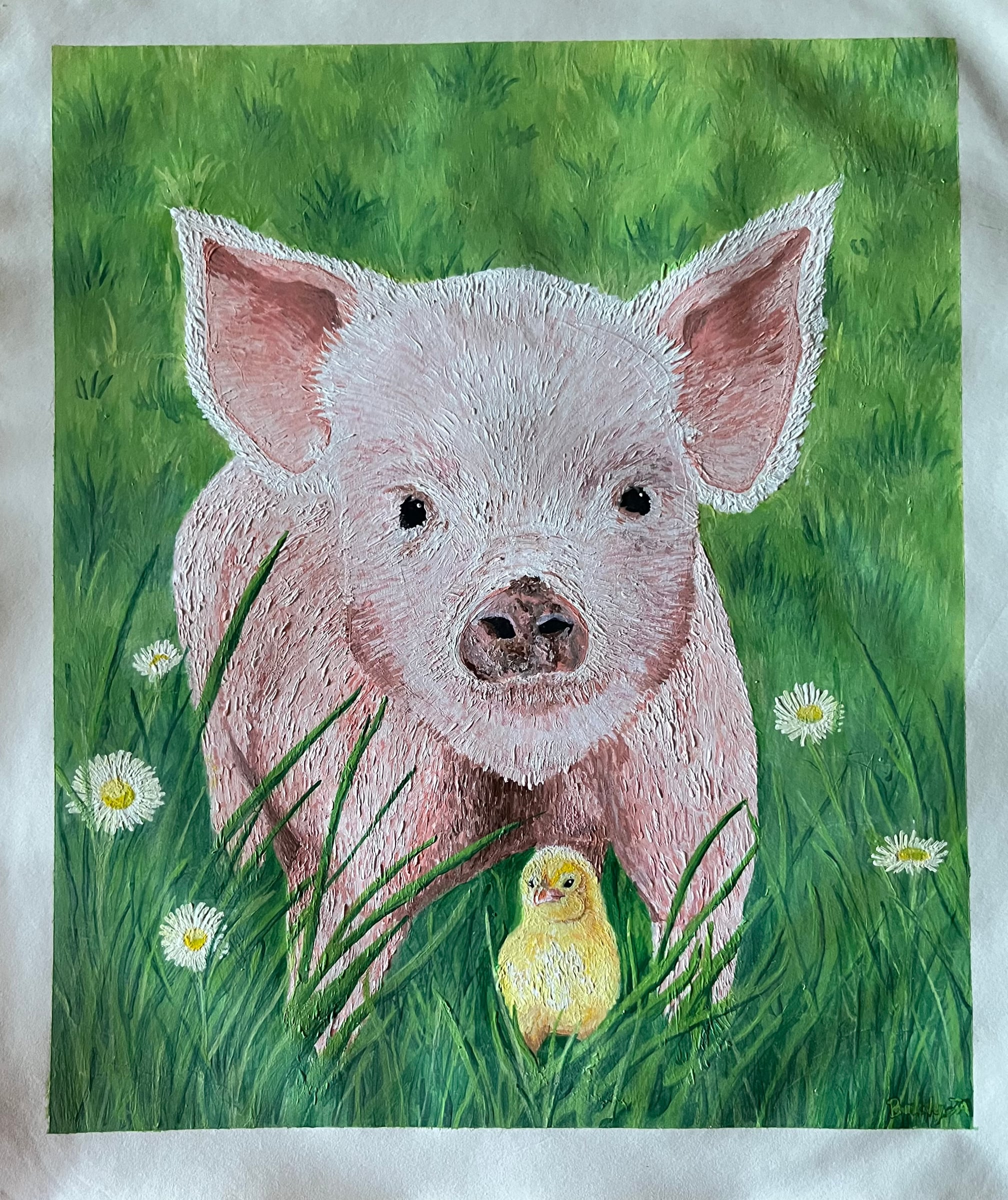 Painting of a pink pig and yellow chick among grass and daisies
