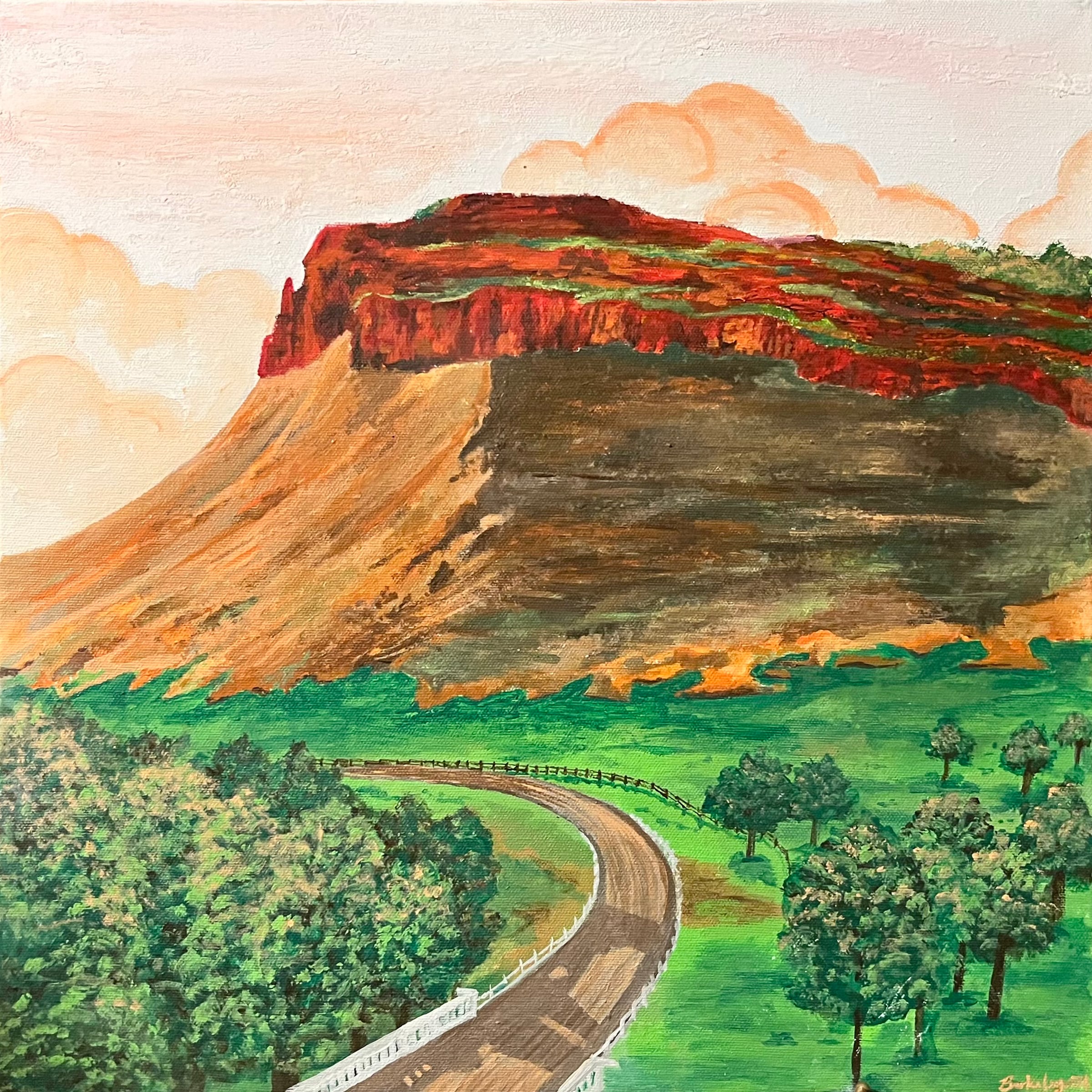 Painted red-rock landscape with a winding road, green valley, and cloudy sky