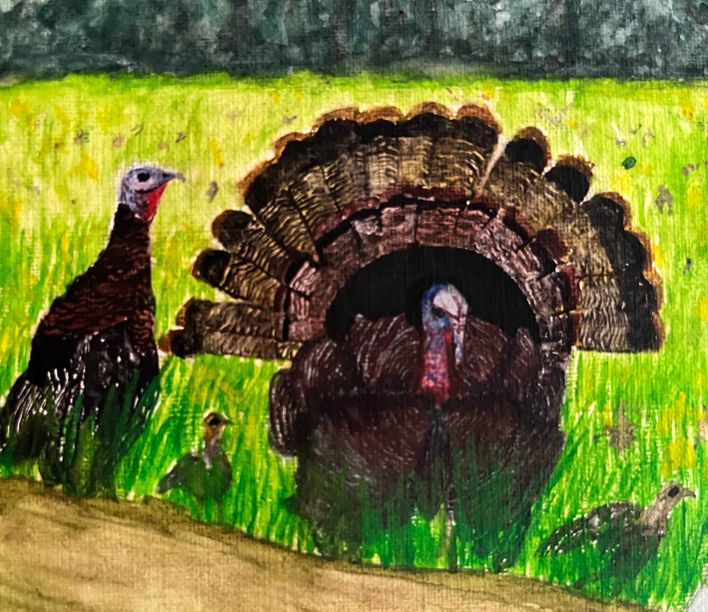 Painting of turkeys in vivid green grass near a dark tree line