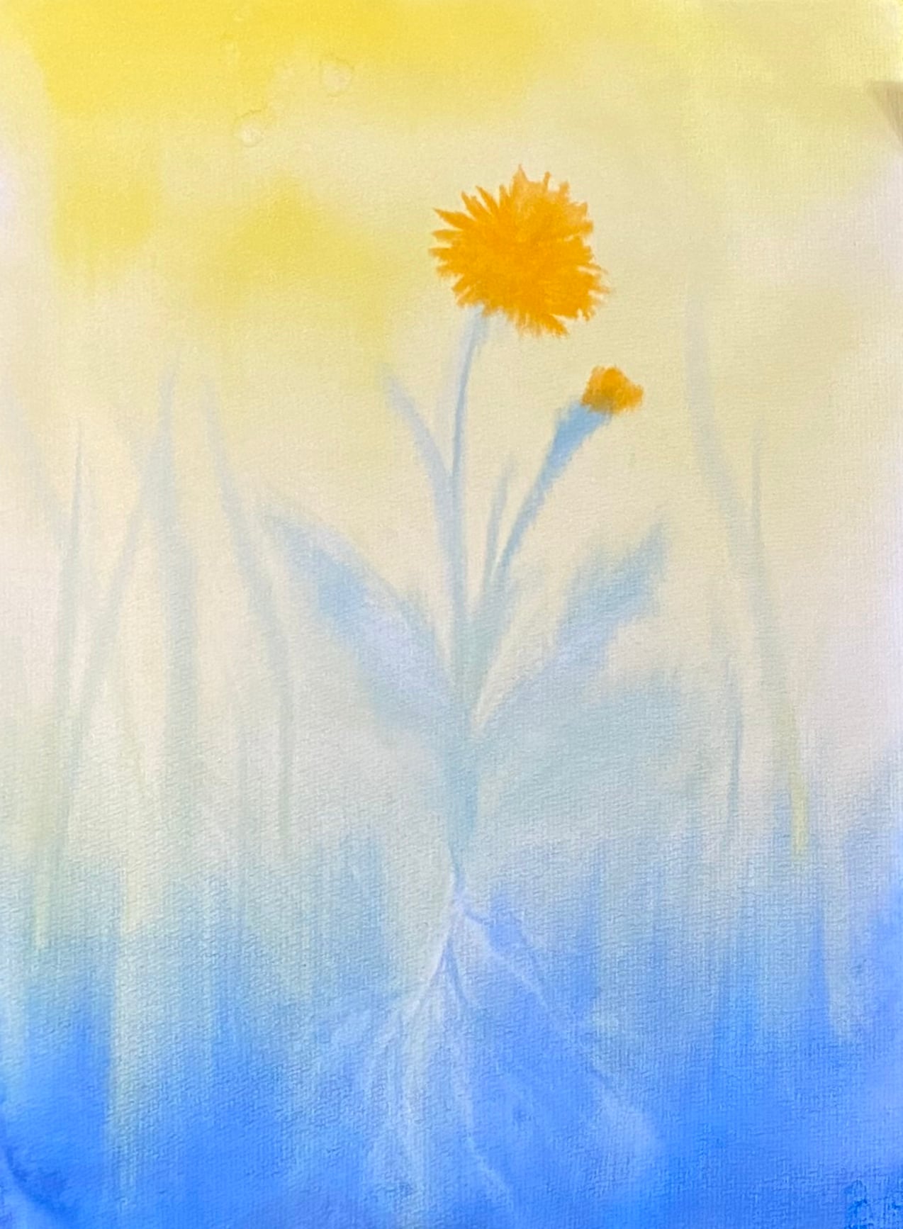 Yellow flower painting with soft blue stems and a pale yellow and blue background